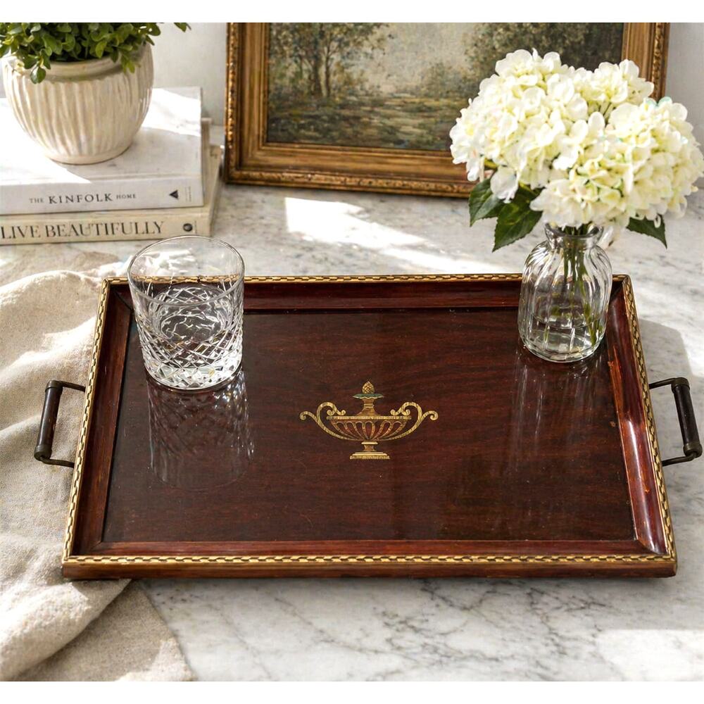 Vintage Large Wood Serving Tray Glass Top Gold Inlay Urn Design 22” Handles EUC